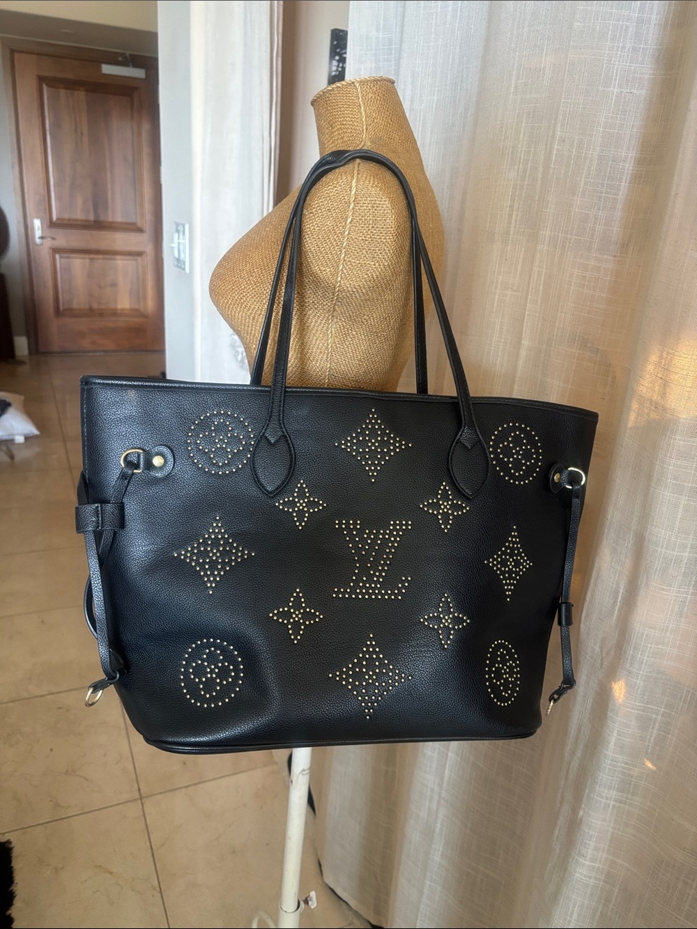 Black Perforated  fashion Monogram Studded Tote - Picture 3 of 11